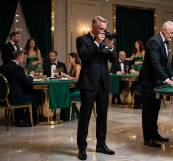 Fotograf eventowy wykonujący zdjęcia podczas eleganckiego wieczoru kasynowego