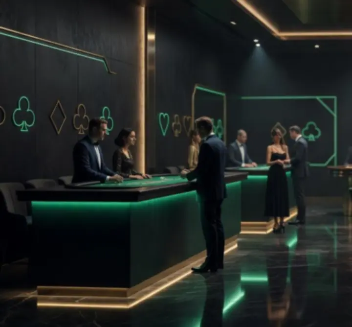 Atmosfera kasyna z neonami i eleganckimi żetonami pokerowymi