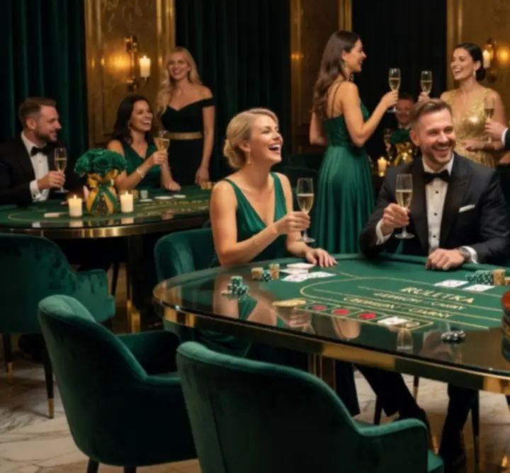 Elegancki event w klimacie kasyna z podświetlonymi stołami i kartami